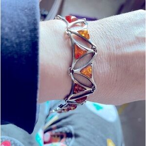 Wide SS bracelet. Natural Amber. Beautiful